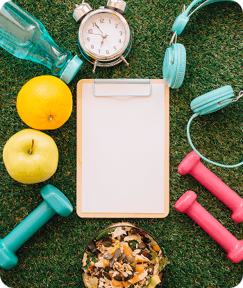 Fitness accessories and healthy snacks